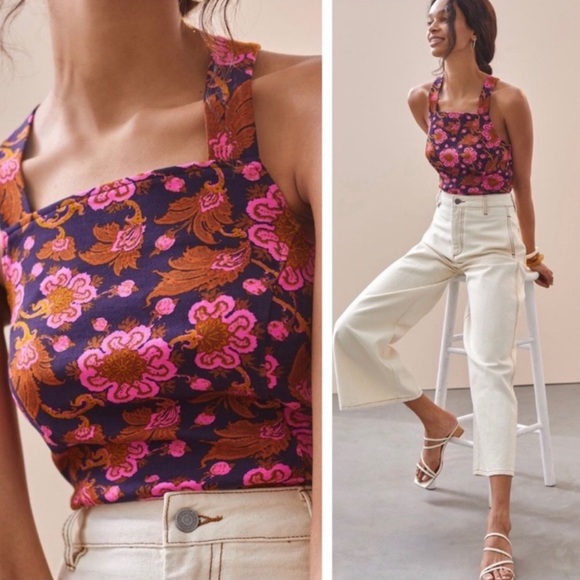 Anthropologie | Porridge Top Seamed Cross Back Tank Top Pink Navy Bohemian - Picture 2 of 5